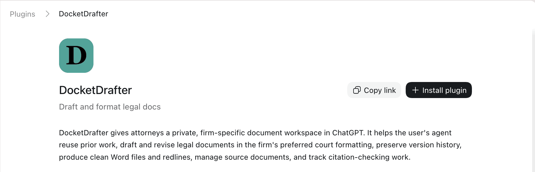 The DocketDrafter plugin listing with the Install plugin button