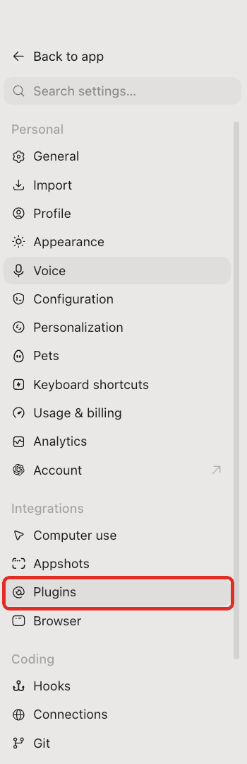 The ChatGPT Work Settings sidebar with Plugins selected